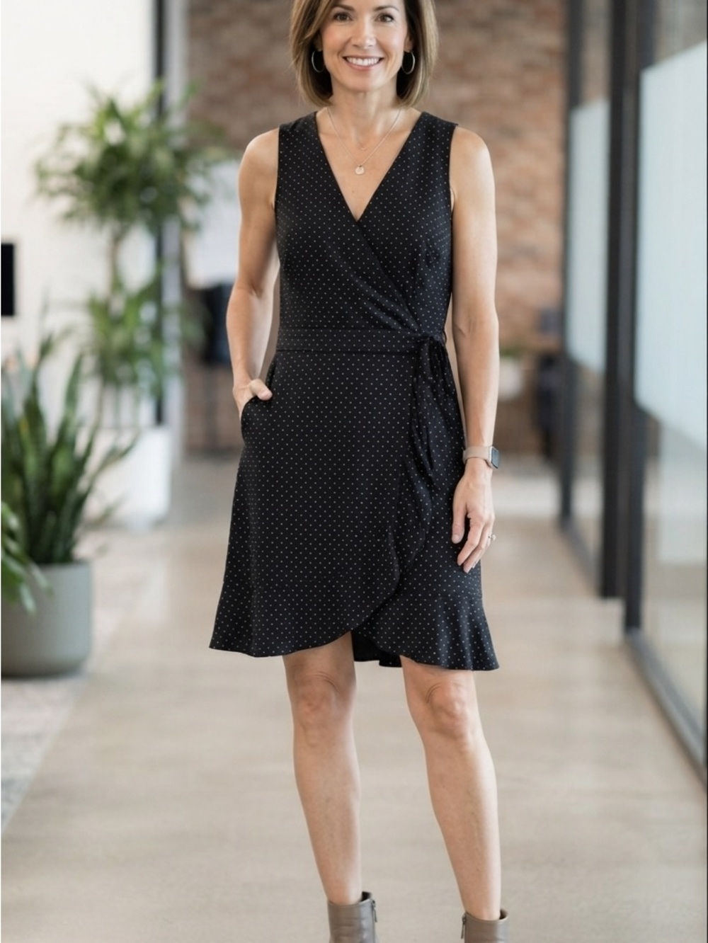LOFT Black & White Polka Dot Sleeveless Wrap Midi Dress - Size Medium